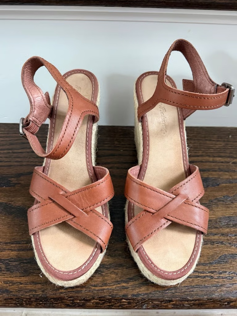 Time and Tru Brown Leather Espadrille Wedge Sandals